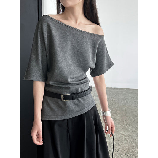 Lu Xi, lazy slanted shoulders loose short-sleeved women's summer new off-shoulder asymmetrical waist and thin T-shirt 2658