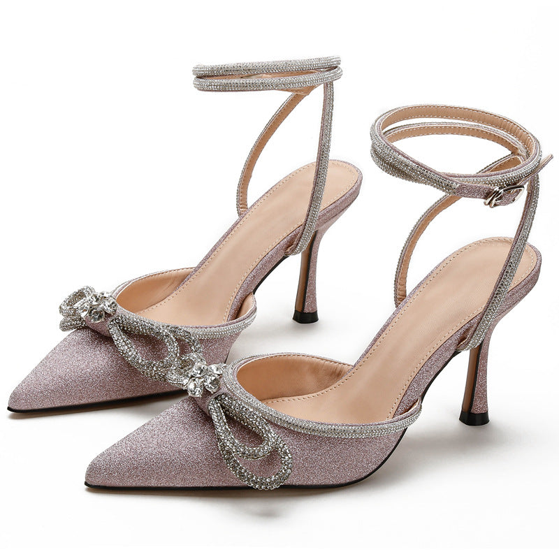 VLOVELAW Rhinestone Bow High Heel Shoes Stiletto Sexy Summer High Heel Sandals Closed Toe Back Empty All-Match