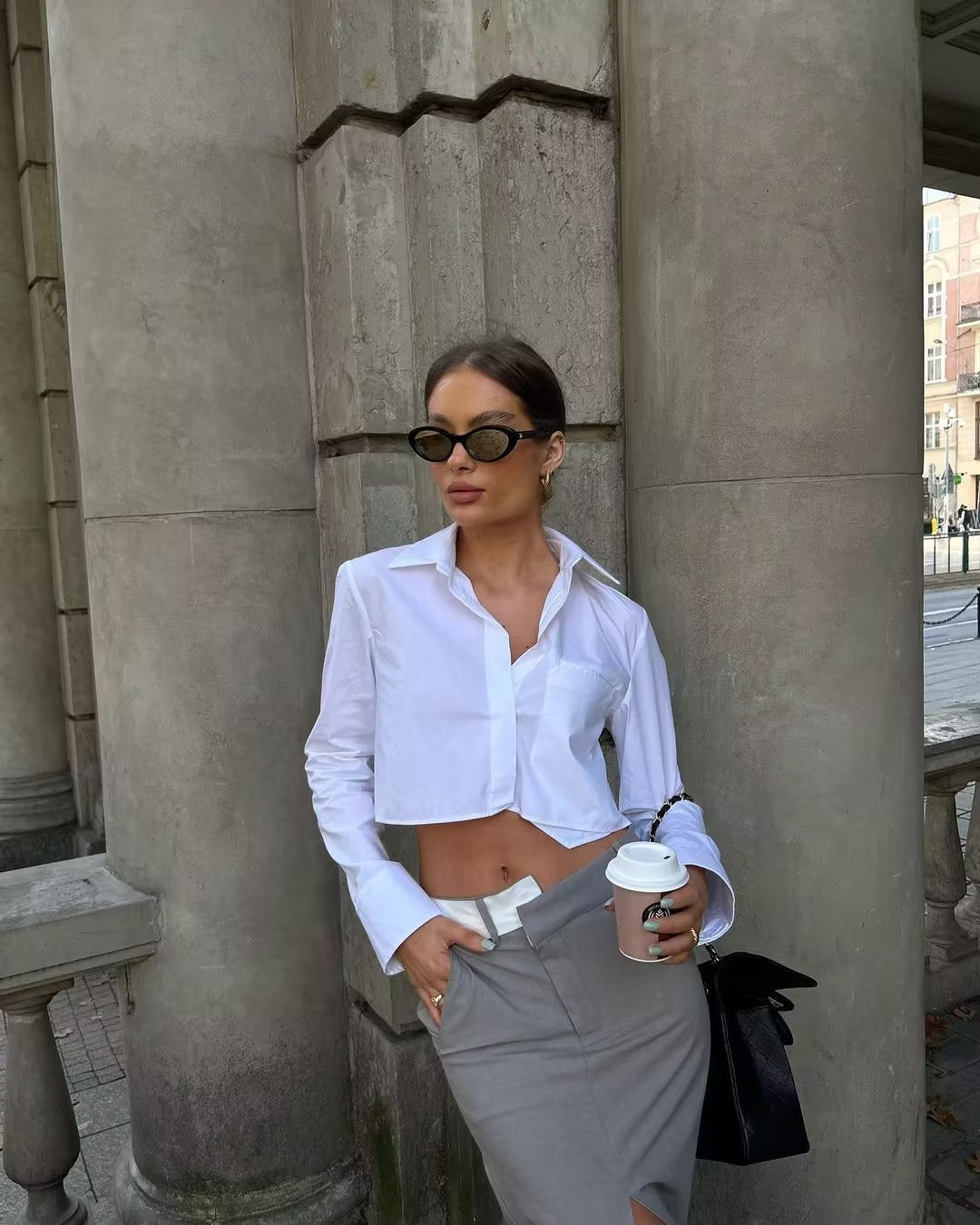 VLOVELAW INS European and American Beauty Bloggers Style Lapel Shirt for Women Autumn New Loose Short Midriff Outfit Top Shirt