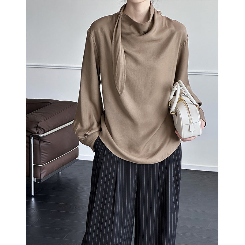 2025 Tachibana popular autumn new top niche temperament chic and thin irregular drape streamer shirt women 4533