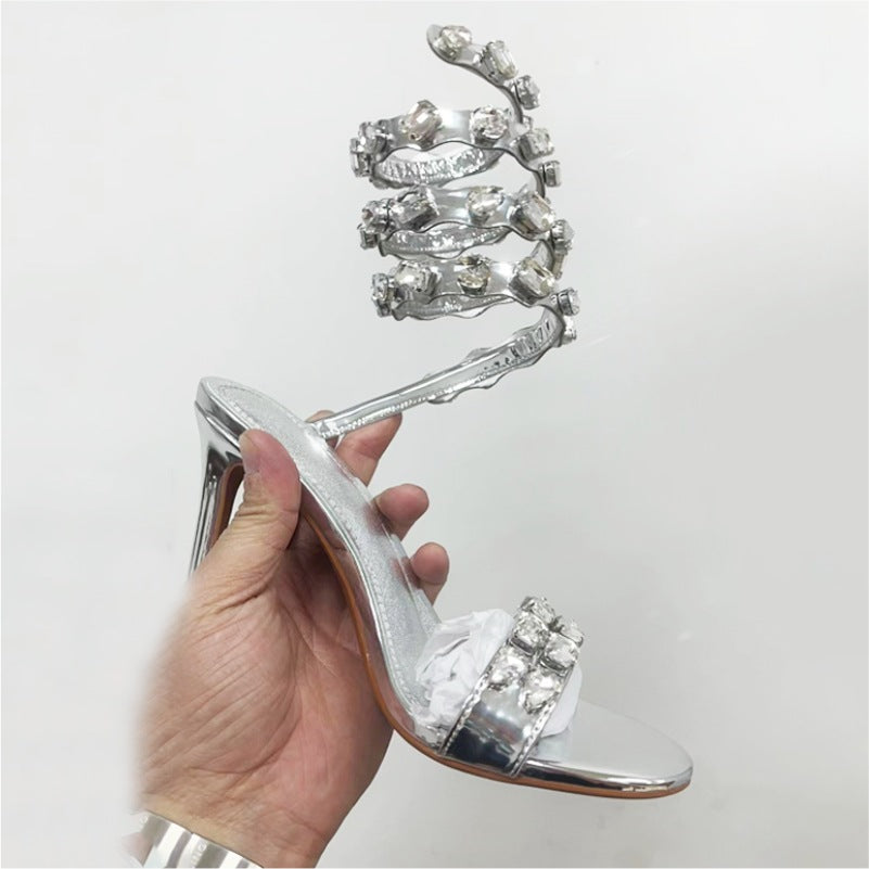 Factory Direct Supply Snakelike Winding Sandals Women's European and American Stiletto Open Toe Colorful Rhinestone Sexy Ankle Lace-up High Heels
