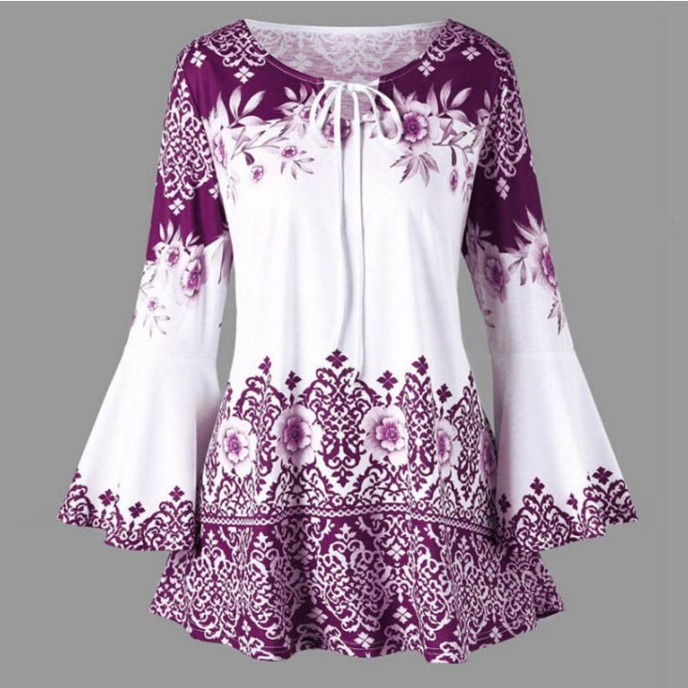VLOVELAW European and American New Women's Clothing Printing Long Horn Sleeve Lace-up T-shirt Slim Long Sleeve plus Size Women's Clothing