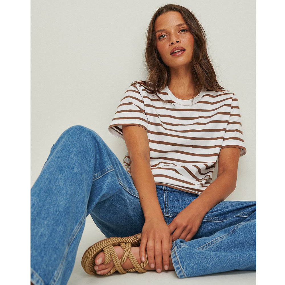 VLOVELAW striped T-shirt short-sleeved Popular, 2025, spring and summer popular new versatile simple and loose pure cotton round neck striped short sleeves