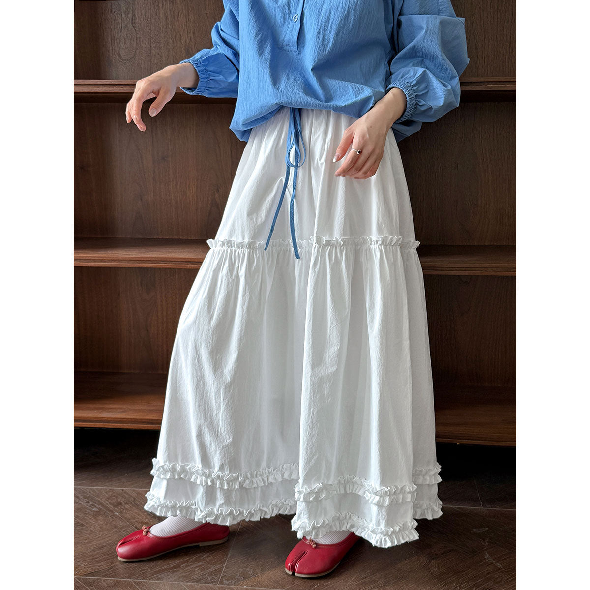Luxi, splicing fungus edge skirt women's summer new high-waisted long skirt casual umbrella skirt A-shaped cake skirt 5105