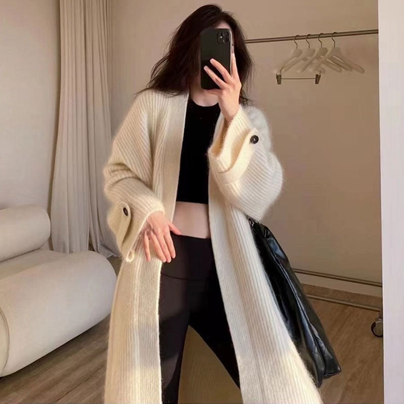 VLOVELAW medium and long sweater knitted cardigan women's coat autumn and winter lazy wind soft waxy loose coat European coat women