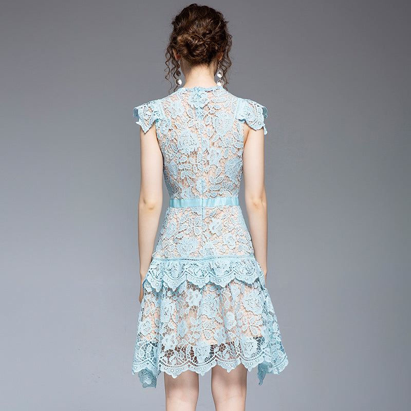 2021 summer new women's clothing heavy industry lace irregular fan skirt flying sleeves scheming slim dress