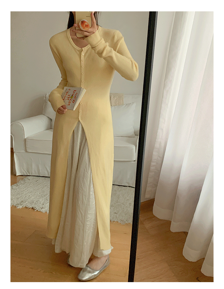 VLOVELAW Early autumn versatile solid color high split fork women's U-neck slim and thin knitted cardigan temperament long coat long sleeve top