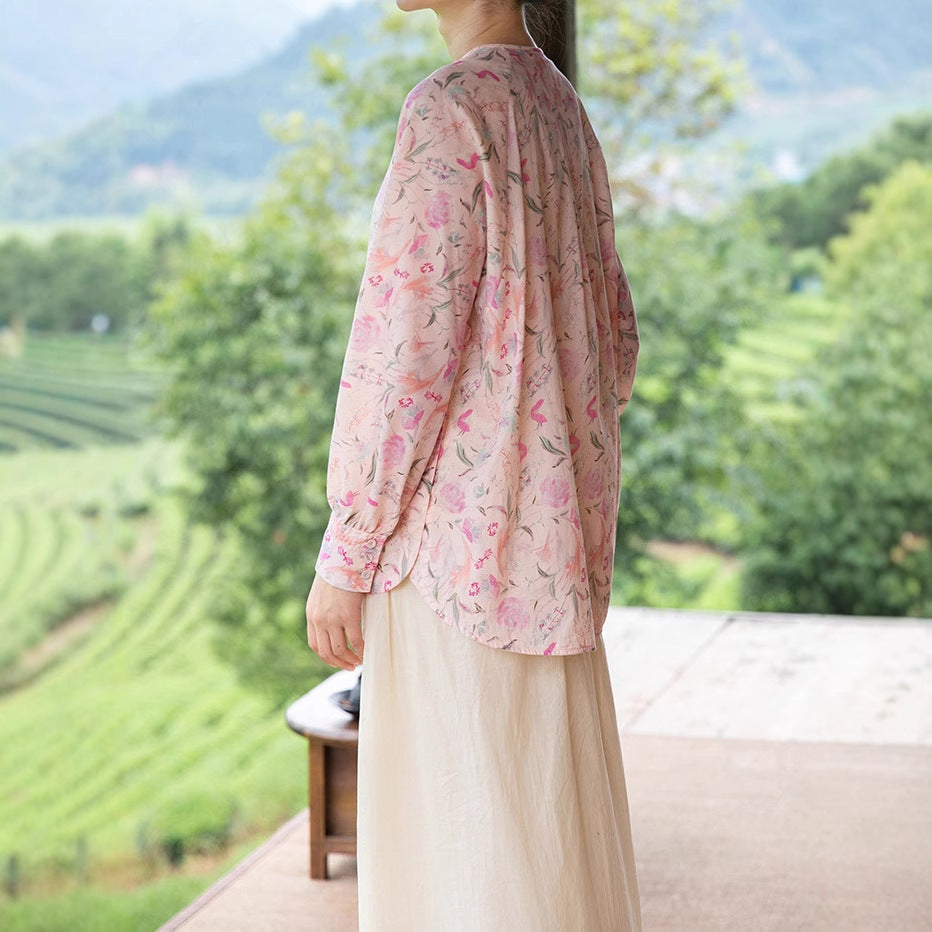 Spring new women's clothing suit ramie printing Chinese style shirt literary shirt A1242 women's long skirt