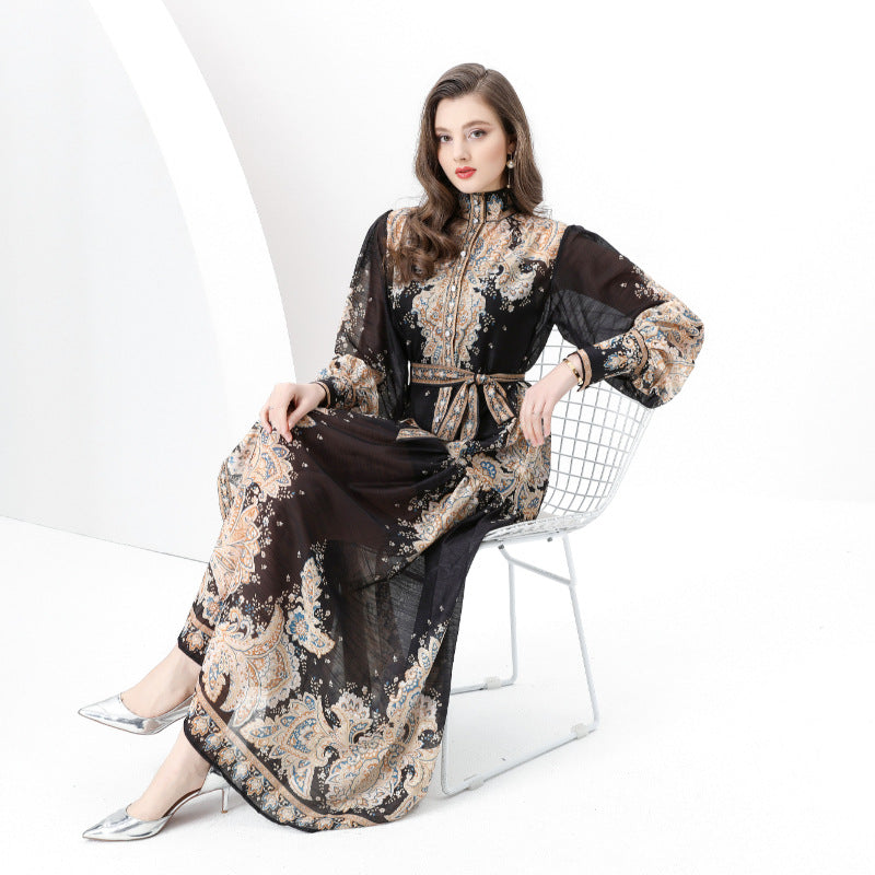 Court style high-end stand-up collar printed dress women's spring strap single-breasted design chic and beautiful long skirt