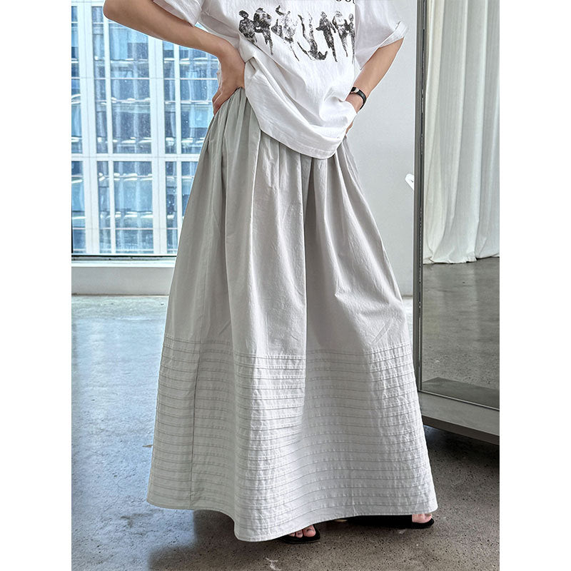 Luxi, Korean simple straight striped pleated skirt for women's summer new heavy industry high-waisted A-shaped umbrella skirt 3591