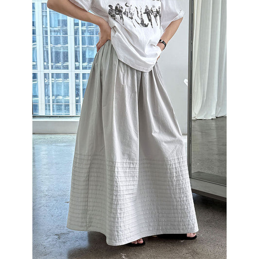 Luxi, Korean simple straight striped pleated skirt for women's summer new heavy industry high-waisted A-shaped umbrella skirt 3591