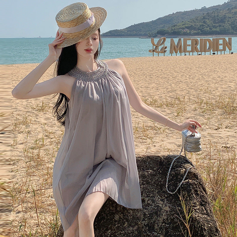 2025 2025 summer new sleeveless high-end heavy industry bead neck holiday style dress popular small dress skirt