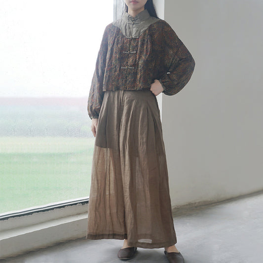 retro ultra-short digital printing ramie stand-up collar top, Guochao Hong Kong flavor cloud shoulder shirt jacket S22247