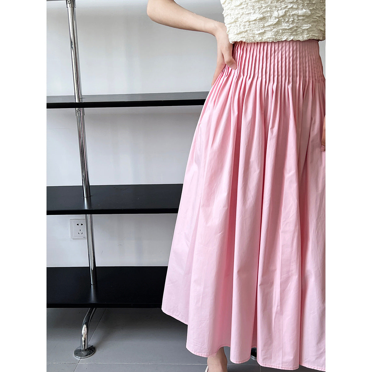 Luxi, pink high-waisted temperament design sense pleated big pendulum A-shaped skirt medium and long sweet umbrella skirt women 1626