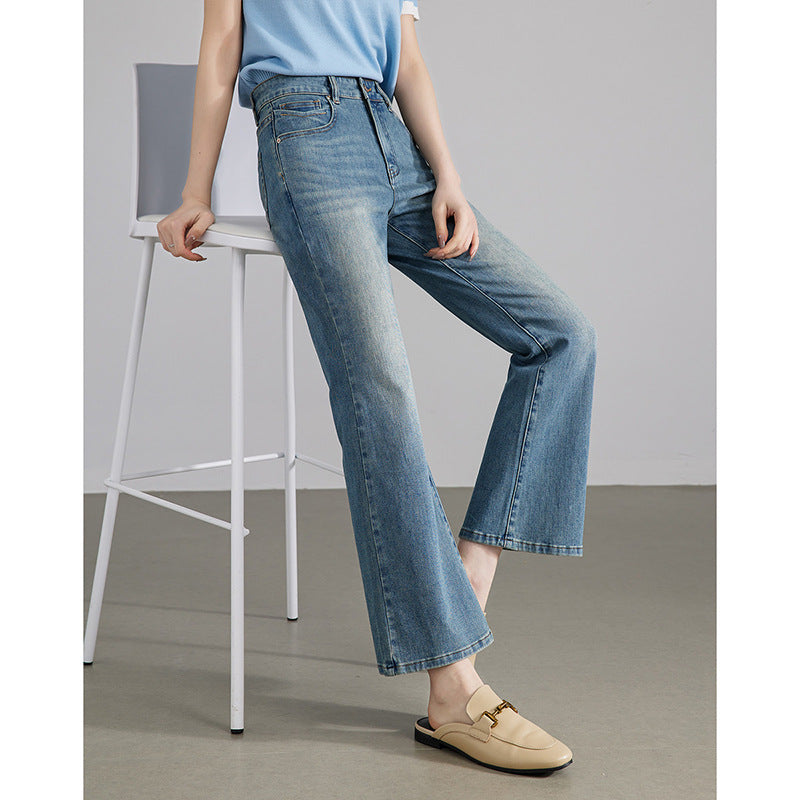 2025 Retro Hong Kong style slightly pulled jeans women look thin spring and autumn new washed four-sided elastic blue nine-point flared pants