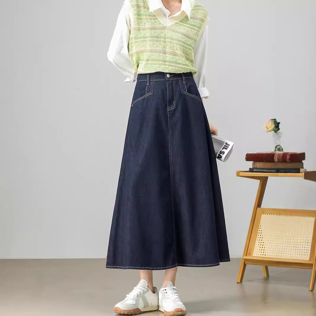 2025 Fashion high-waisted denim skirt women's spring and autumn umbrella skirt retro versatile and thin A-shaped skirt