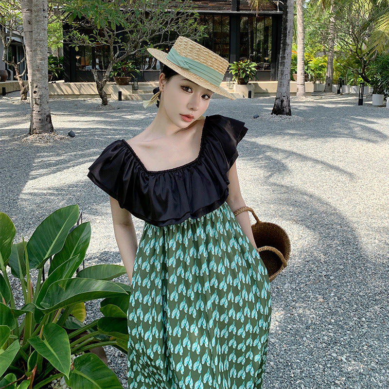 2025 One-word shoulder ruffle dress skirt Sanya seaside travel photo beach skirt showing thin temperament a-word dress summer