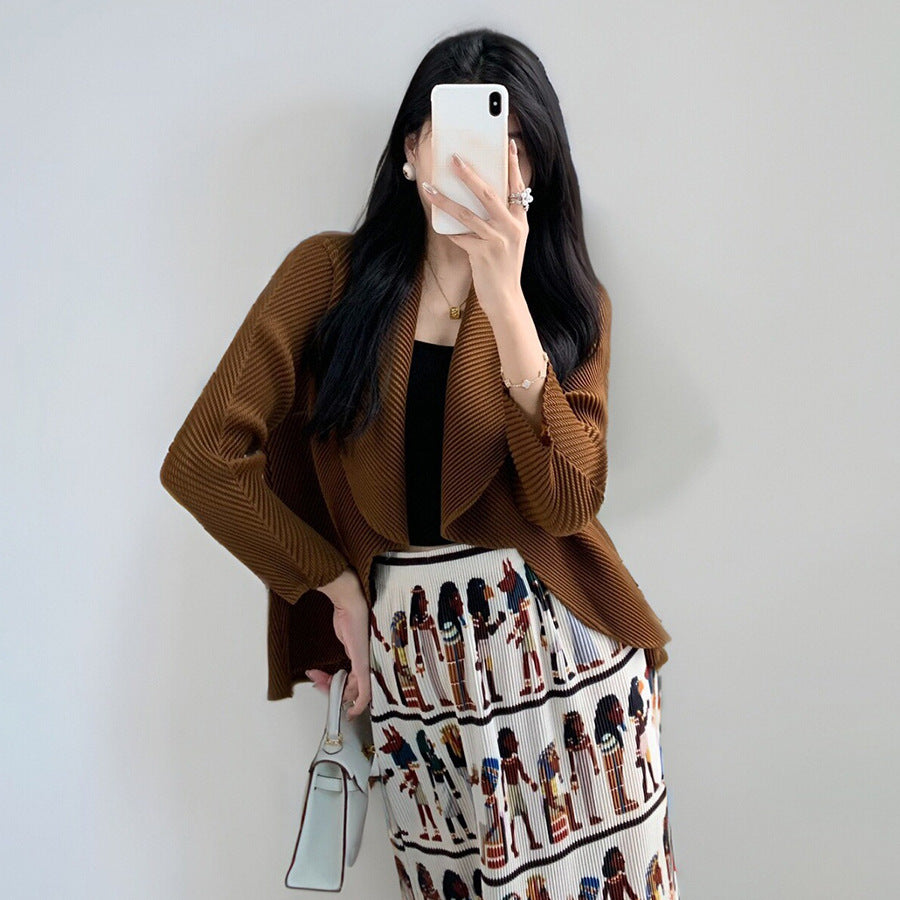 2025 Autumn new coat women's high-end new small lapel loose commuting temperament versatile pleated cardigan