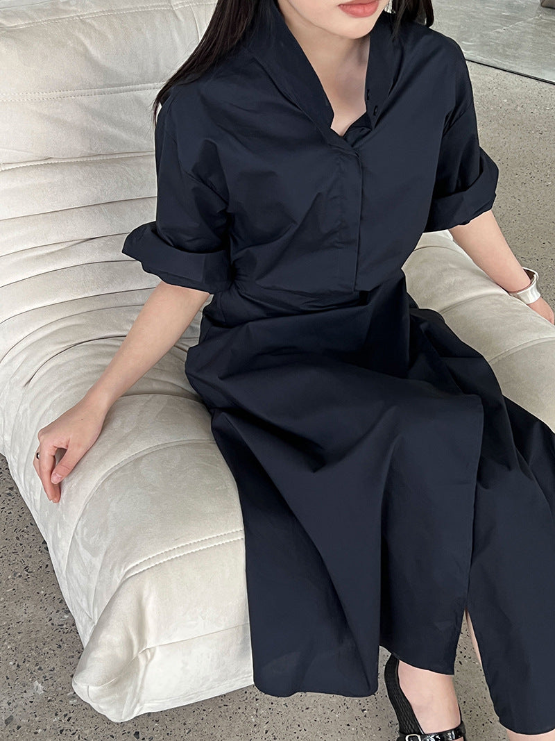 Luxi, Korean version of the design sense lace-up V-neck waist dress women's summer new thin shirt long skirt 9731