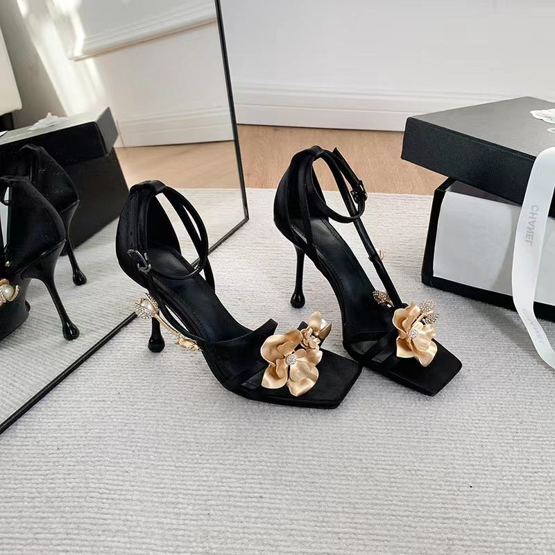 VLOVELAW European and American New Open Toe Square Toe Metal Flower Decorative Flower Advanced Silk High Heel Stiletto Ankle-Strap Buckle Rhinestone Sandals
