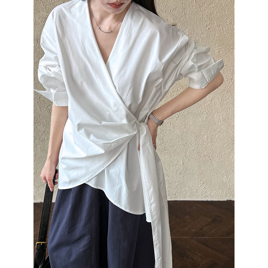 Luxi, Korean irregular waist strap shirt women's spring casual niche design one-piece top 3563