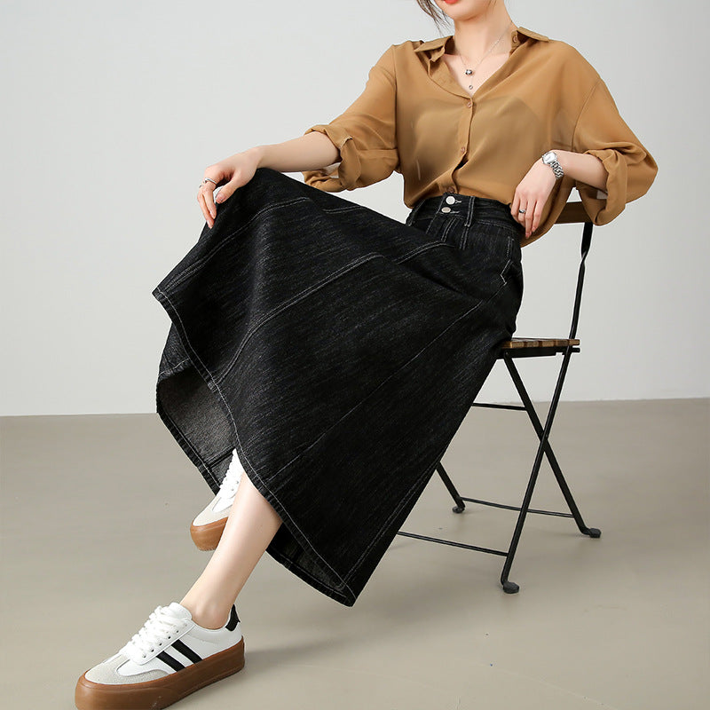 2025 Spring and summer new high-end dark denim skirt over the knee A-shaped version simple daily commuter umbrella skirt