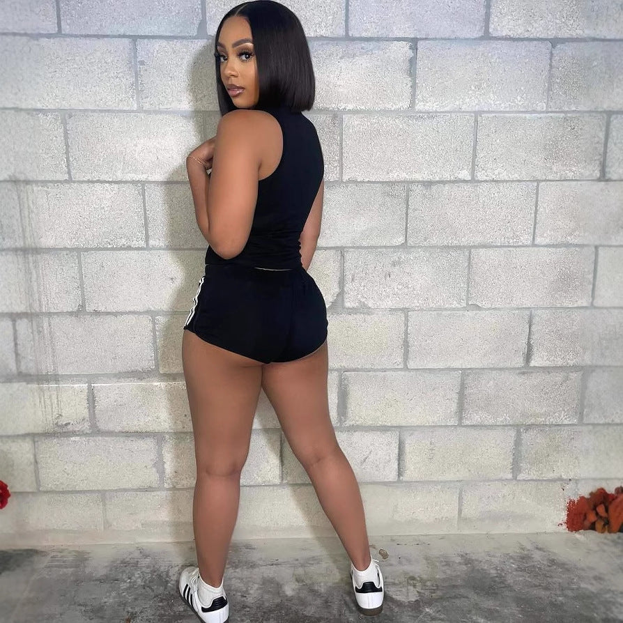summer new women's clothing New Spice Girls printing slim-fitting round neck sleeveless top hip-wrapped lace-up shorts set