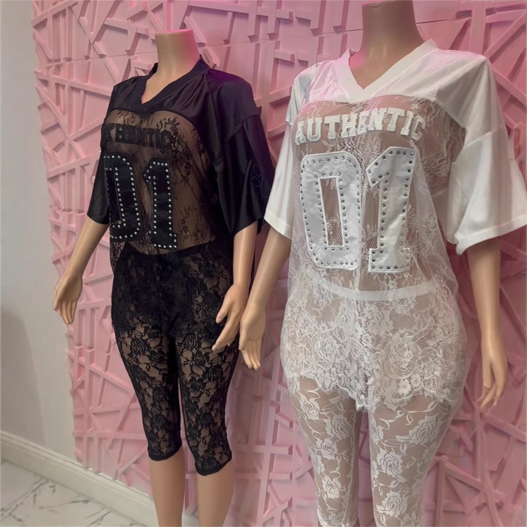 new New Popular trade splicing solid color embroidery hollow lace perspective sexy short-sleeved top shorts set