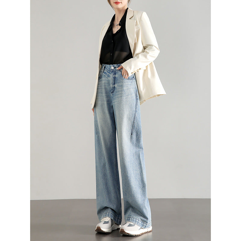2025 Big brand flat for light color high waist loose wide leg jeans women's light blue retro pure cotton high quality casual pants
