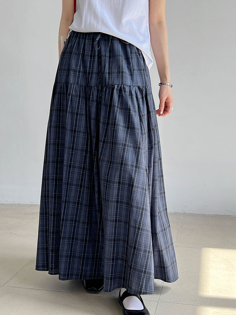Luxi, plaid splicing skirt women's summer new elastic waist A-shaped skirt, large pendulum umbrella skirt, medium and long skirt 1875
