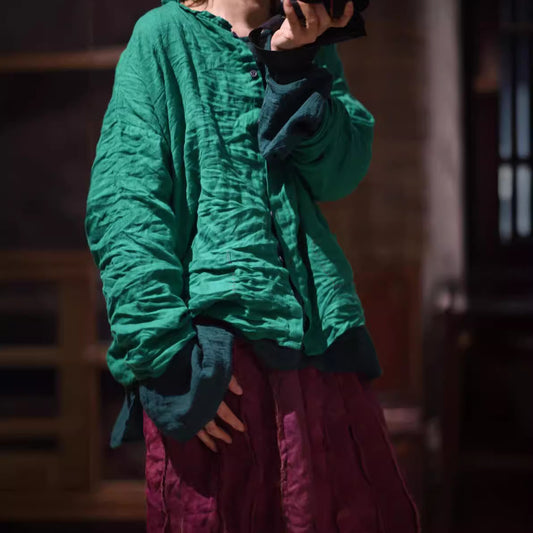 2025  24/1 SN10 casual literary versatile solid color linen long-sleeved cardigan button-up shirt