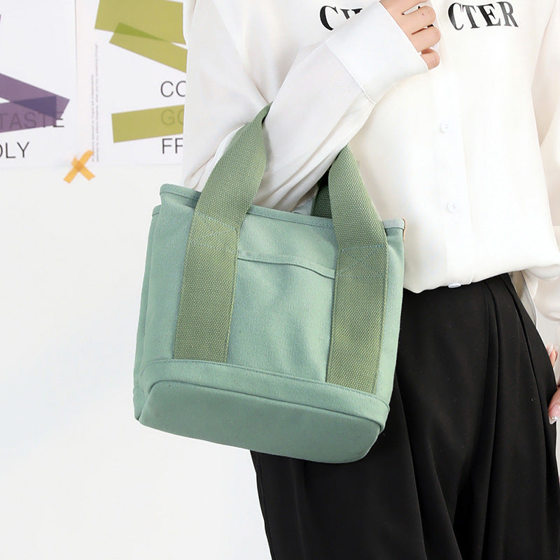 VLOVELAW Small Bag with Zipper Japanese Multi-Layer Bag Niche Lady Shoulder Bag Portable Thickened Canvas Mobile Phone Bucket Tote Bag