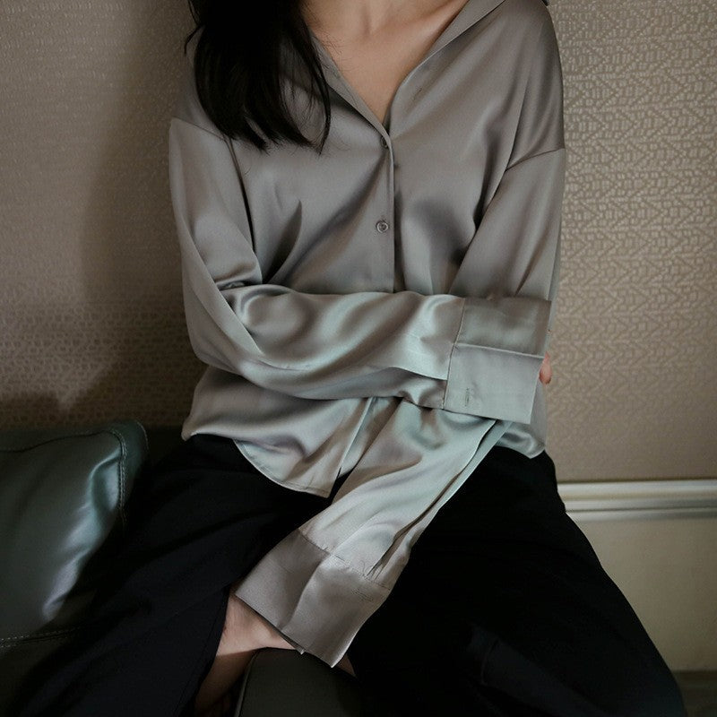 VLOVELAW Long Sleeve Satin Shirt Women's Design Sense Niche Spring and Summer New All-Match Draping Top Retro Hong Kong Style Shirt
