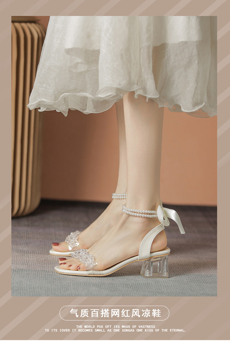 VLOVELAW Internet Hot Sandals Women Summer Mid Heel New Fashion Bowknot Pearl Crystal Heel High Heels Fairy Style