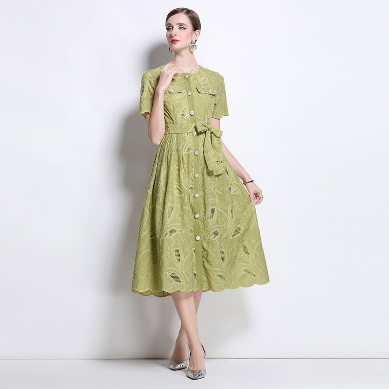 Summer retro heavy industry hollow embroidery round neck waist short sleeve dress women's thin single-breasted long skirt