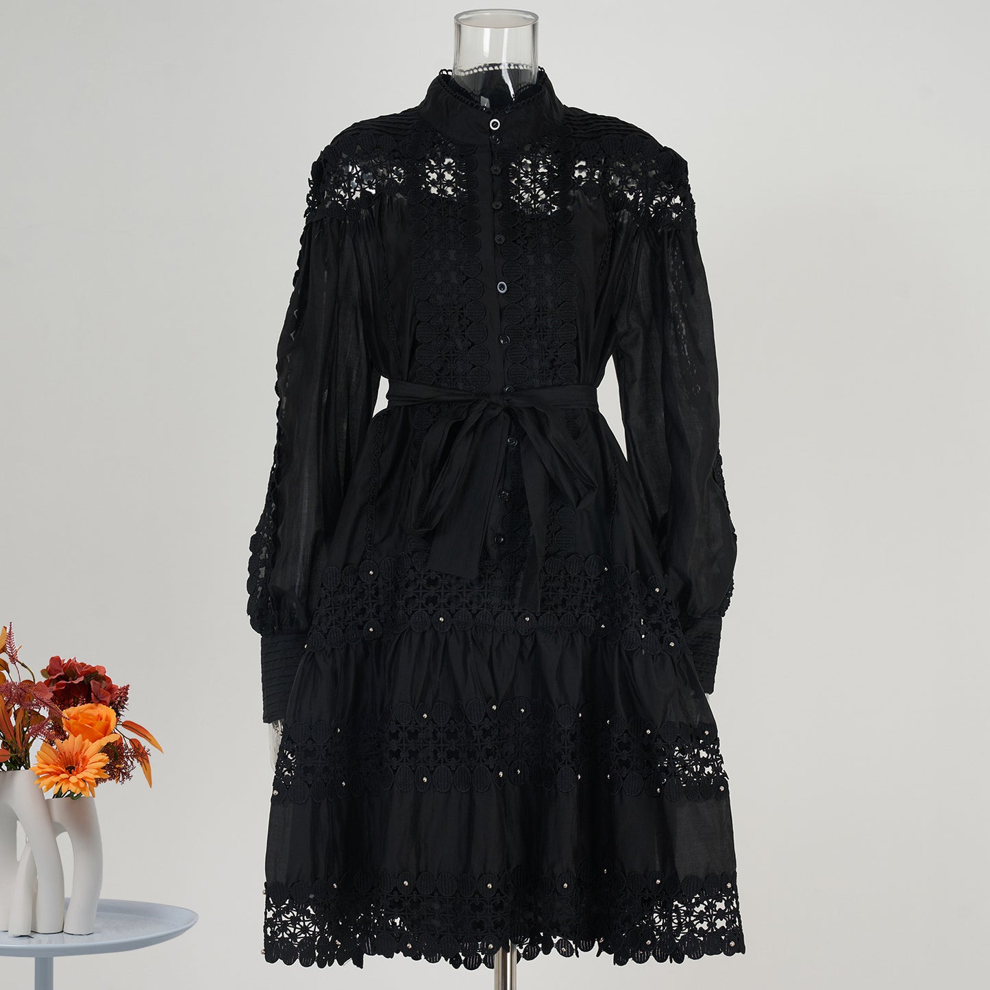 women's clothing long-sleeved shirt skirt spring and autumn women's single-breasted water-soluble lace embroidered hollow dress