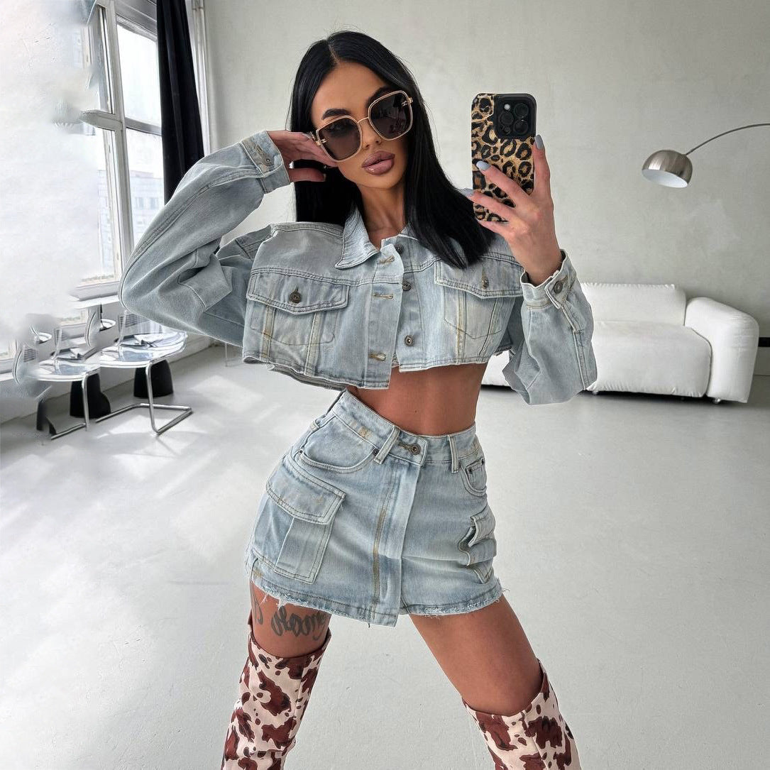 2025 2025n Spice Girl short open-navel denim suit women's two-piece set spring new deconstruction design skirt suit new