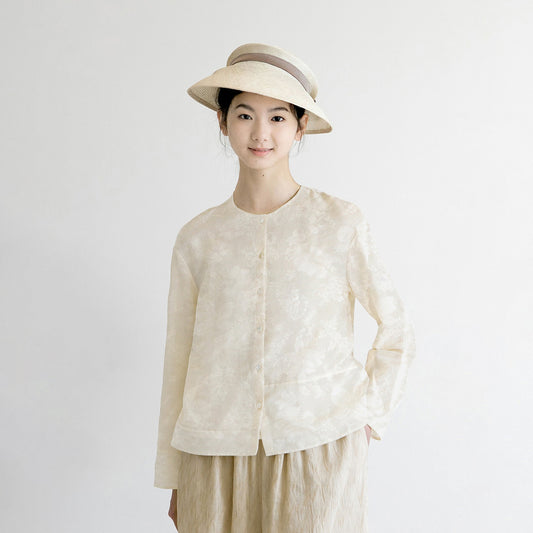 New Chinese top women's summer, shirt women's spring and summer, Chinese women's clothing, beige round neck casual cardigan B0456