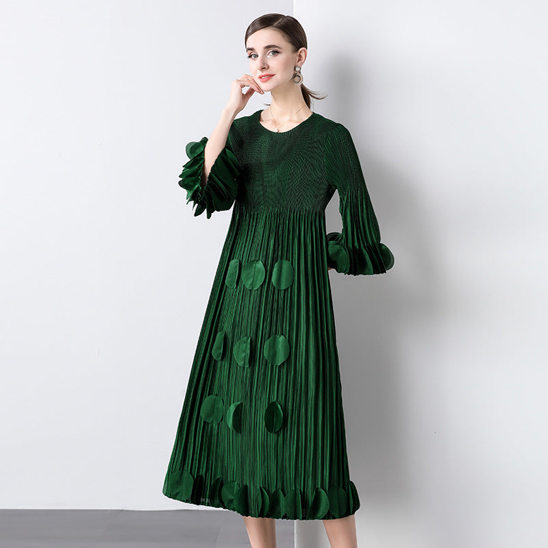 Fungus edge large size loose pleated dress women's new high-end Popular style commuter Miyake dress skirt