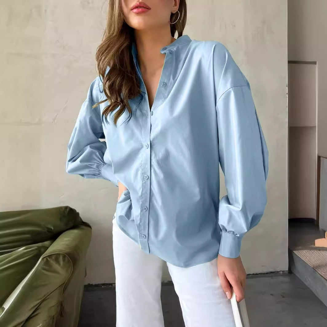 VLOVELAW lantern sleeve women's shirt Popular and 2025 popular summer lazy temperament commuting versatile round neck lantern sleeve shirt
