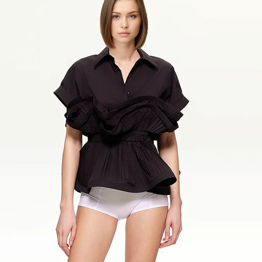 2025 spring new fashion lapel ruffle edge splicing design sense waist thin high-end short-sleeved shirt women