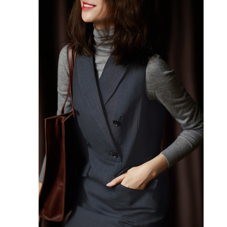 2025 Wool striped vest suit skirt new dress women's clothing, double-breasted skirt with a sense of design