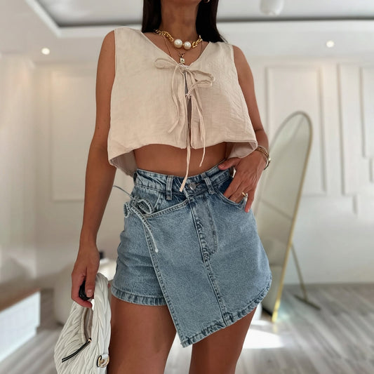 n trendy brand design sense lace-up dislocation fake two-piece jeans skirt short high waist irregular Spice girl retro woman