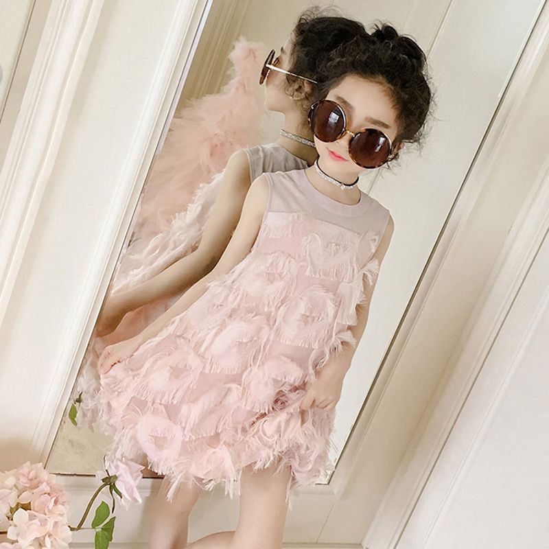 Girls' Dress Summer Internet Celebrity Children's Feathered Dress Baby Skirt Trendy Gauze Skirt Medium and Big Children's Chiffon Princess Dress
