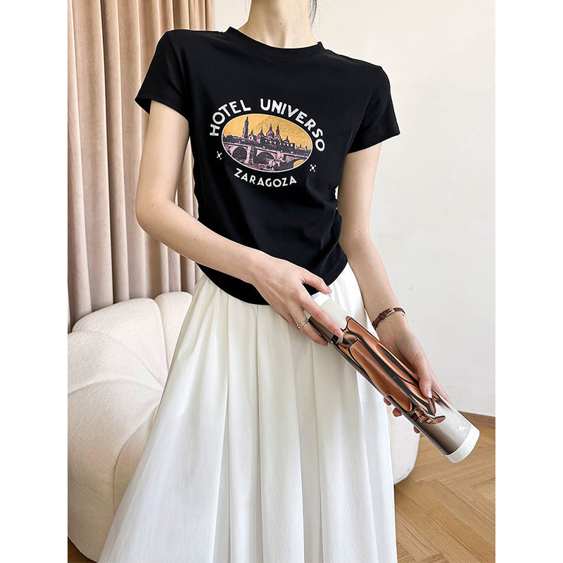 2025 Tachibana popular summer new T-shirt top women's Korean round neck waist retro niche printing short sleeve 2409-1