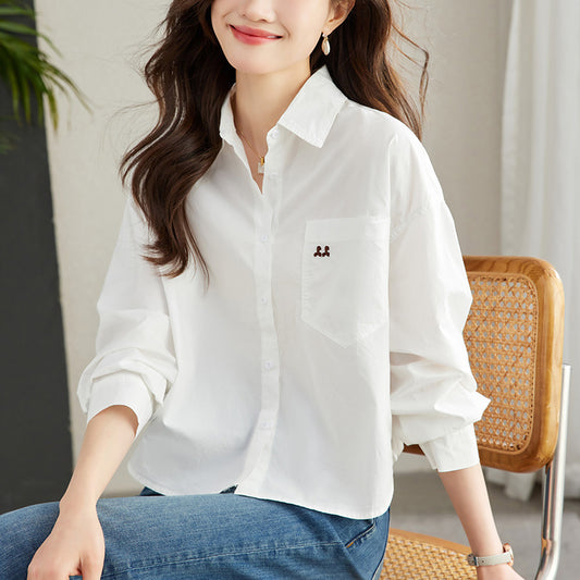 direct sales autumn new pure cotton long-sleeved shirt women's Korean version loose pocket embroidered temperament versatile shirt