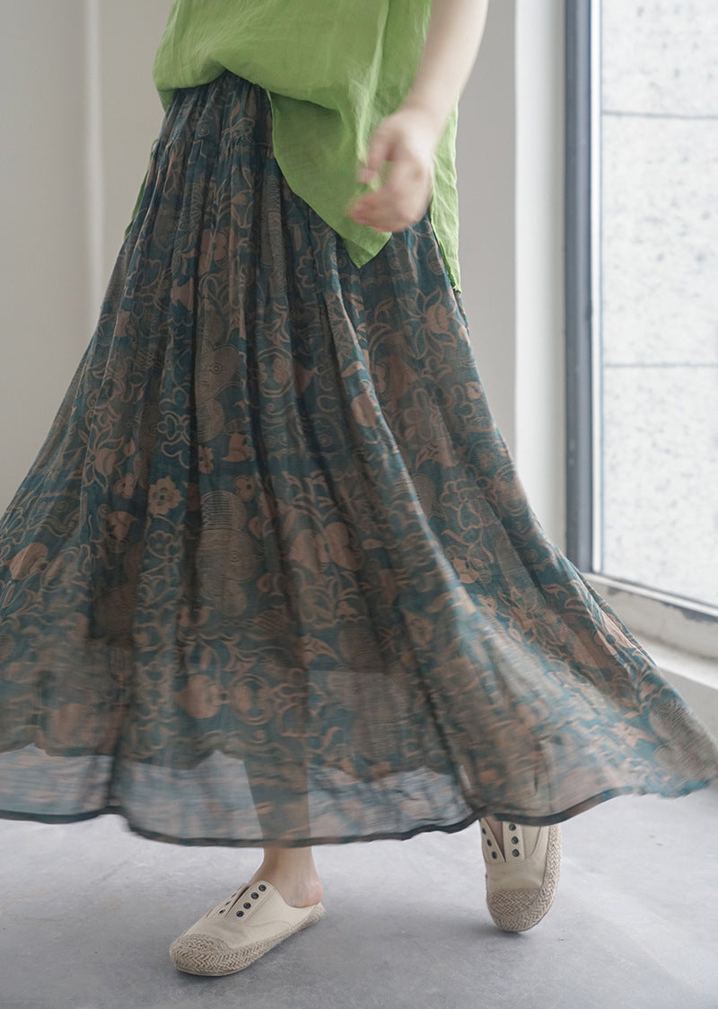 retro digital printing ramie pendulum skirt, literary double-layer elegant elastic waist dress B22228