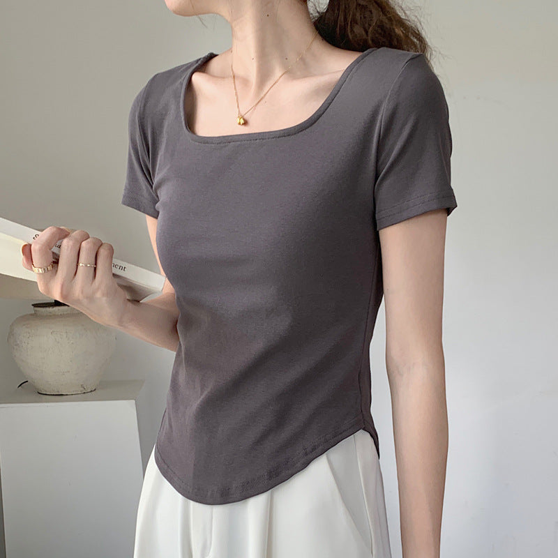 VLOVELAW 260G Selection Pure Cotton T-shirt Women's Summer Short Sleeve New Irregular Curved Slim Slimming U Collar Bottoming Top
