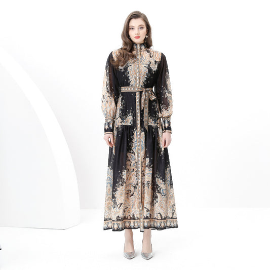 Court style high-end stand-up collar printed dress women's spring strap single-breasted design chic and beautiful long skirt