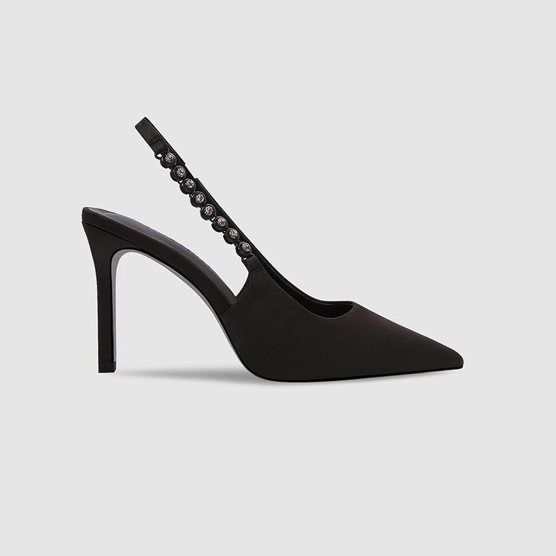 VLOVELAW Silver Wedding Shoes Pointed Toe Rhinestone Back Empty High Heels Spring and Summer New Toe Cap Stilettos Chain Sexy All-Matching Women's Sandals